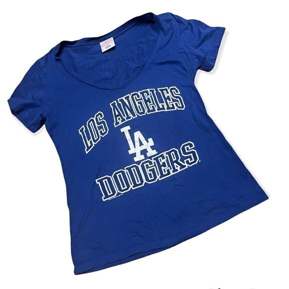 LOS ANGELES LA DODGERS CLAYTON KERSHAW BLUE WHITE V-NECK T-SHIRT WOMENS SMALL - Picture 1 of 7